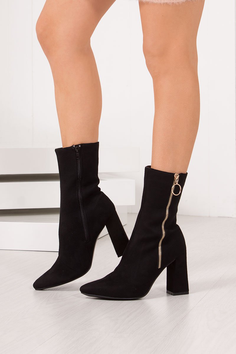 Rita Black Faux Suede Gold Zip Block Heel Boots