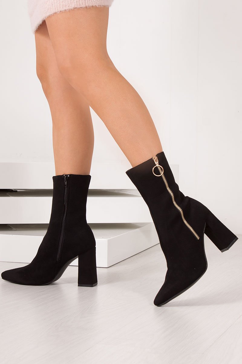 Rita Black Faux Suede Gold Zip Block Heel Boots