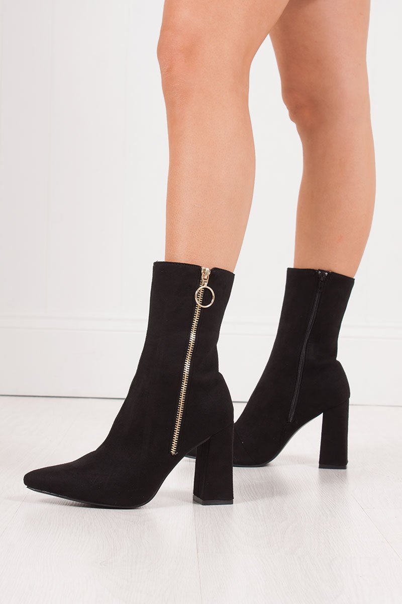 Rita Black Faux Suede Gold Zip Block Heel Boots