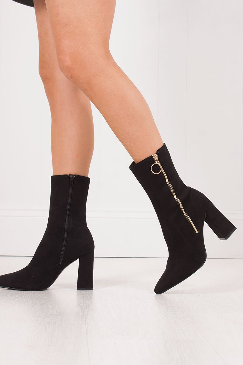 Rita Black Faux Suede Gold Zip Block Heel Boots