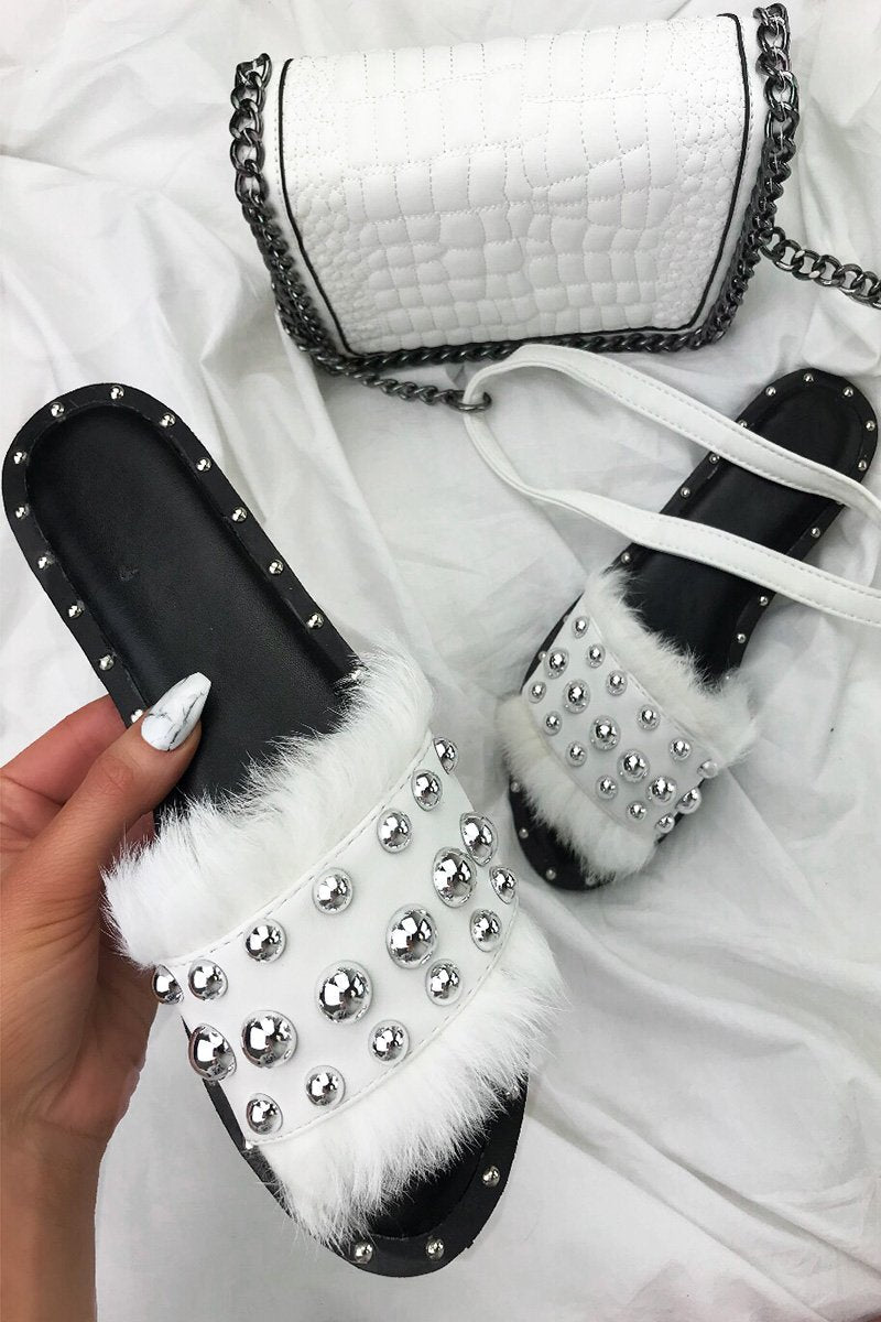Shakira White Fluffy Slider With Silver Studs