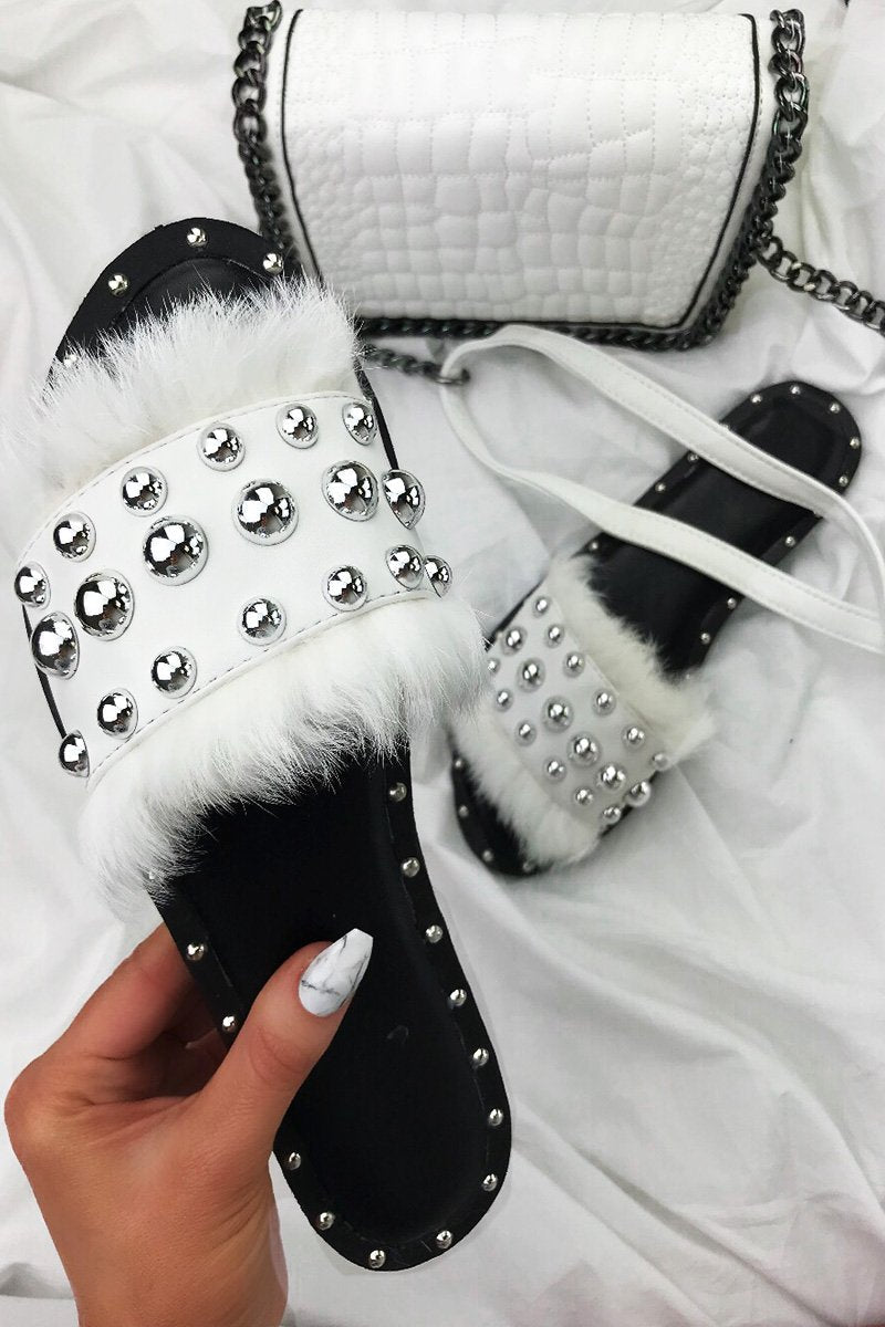 Shakira White Fluffy Slider With Silver Studs