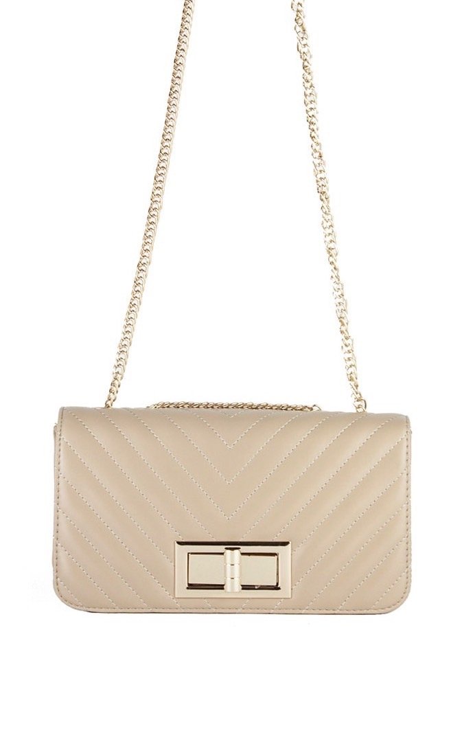 Stephanie Beige Quilted Chain Shoulder Bag With Gold Detail