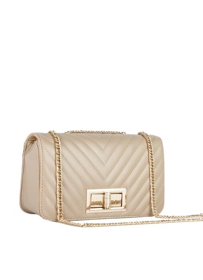 Stephanie Beige Quilted Chain Shoulder Bag With Gold Detail