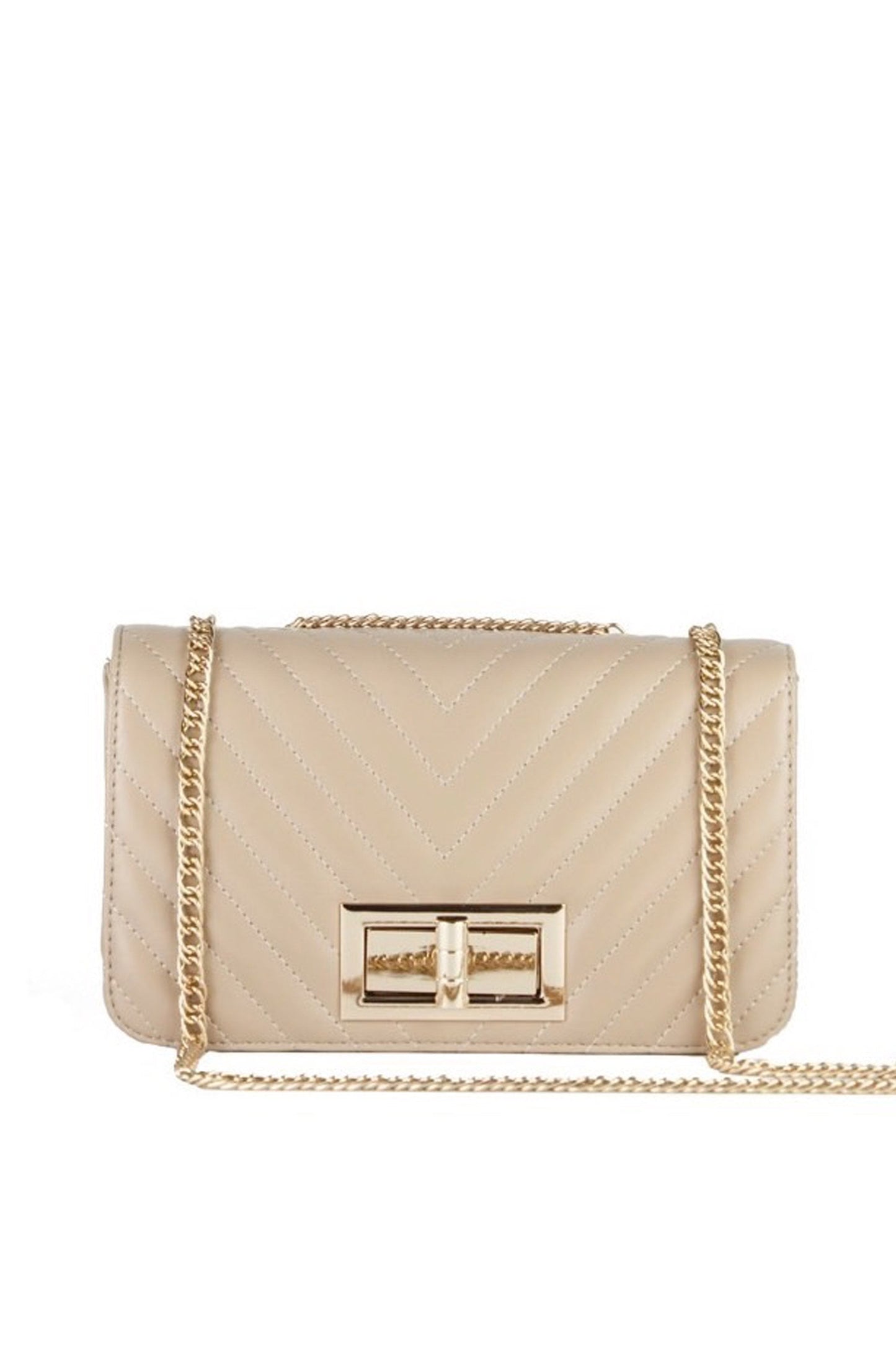 Stephanie Beige Quilted Chain Shoulder Bag With Gold Detail