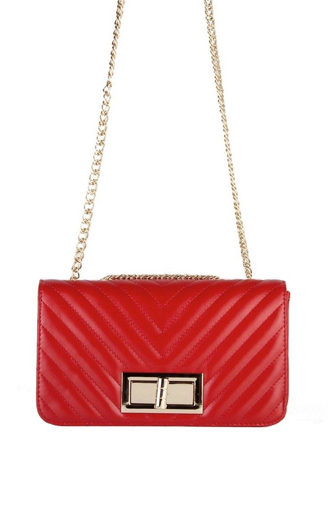 Stephanie Red Quilted Chain Shoulder Bag With Gold Detail