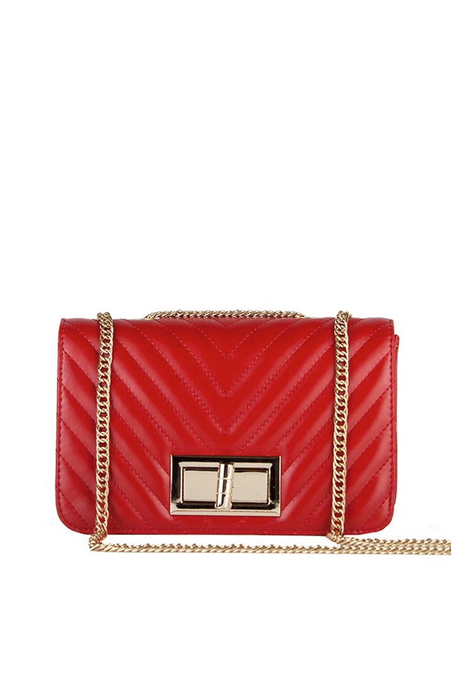 Stephanie Red Quilted Chain Shoulder Bag With Gold Detail