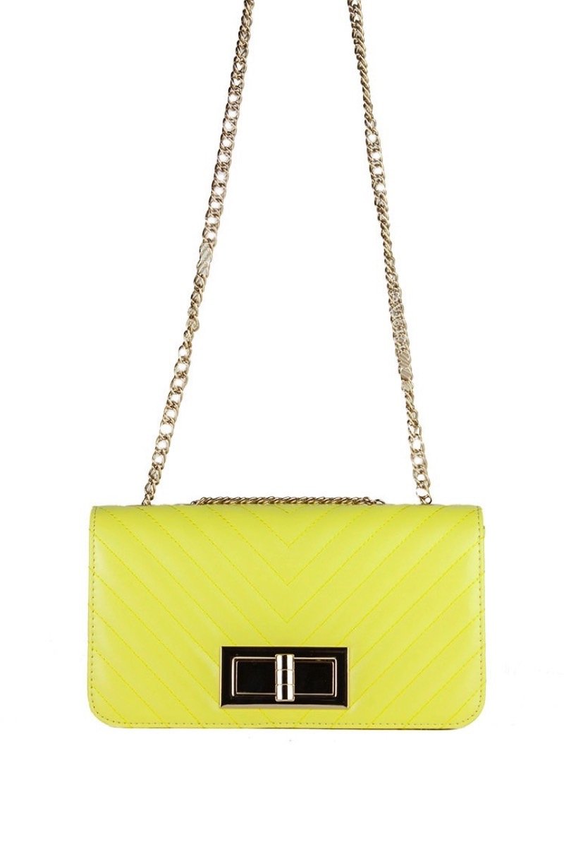 Stephanie Yellow Quilted Chain Shoulder Bag With Gold Detail