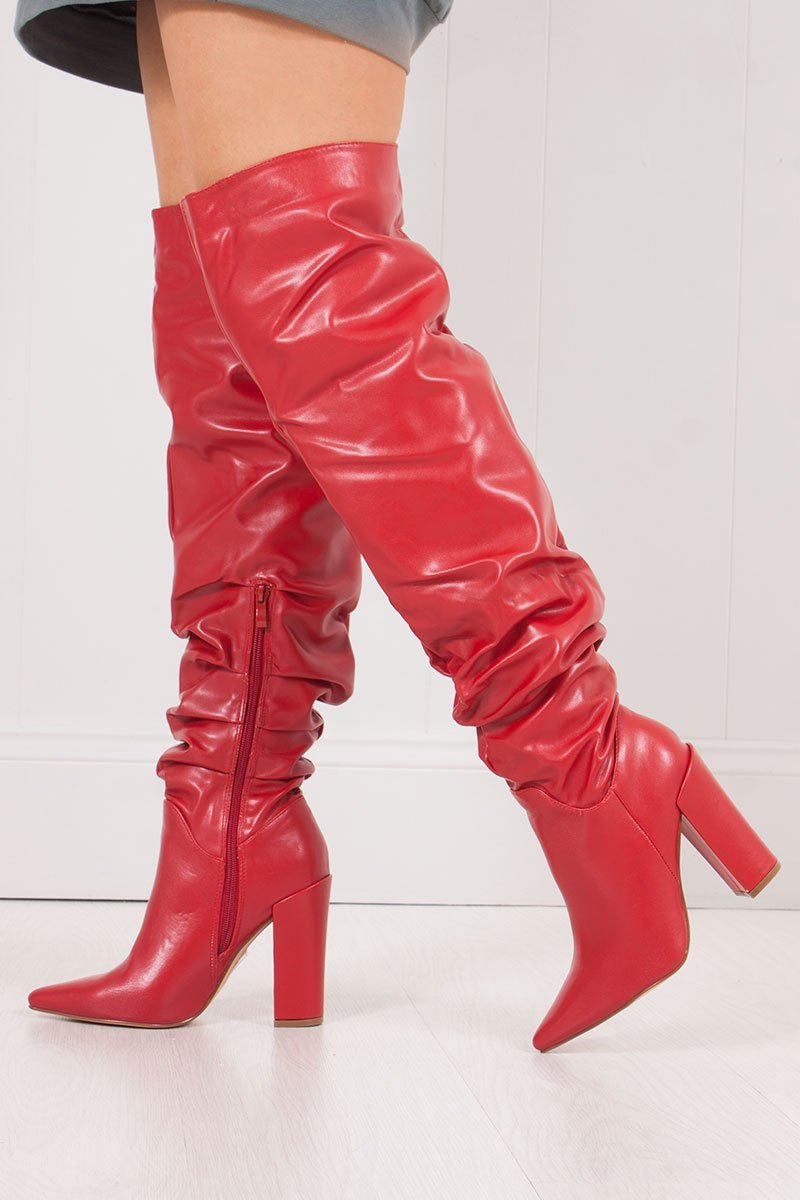 Vivienne Red Faux Leather Slouch Over Knee Boots With Block Heel