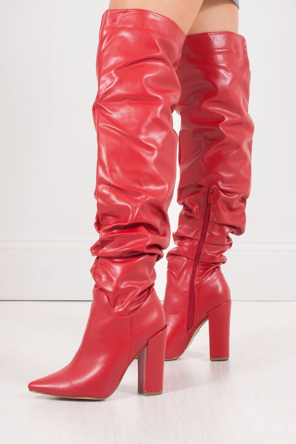 Vivienne Red Faux Leather Slouch Over Knee Boots With Block Heel