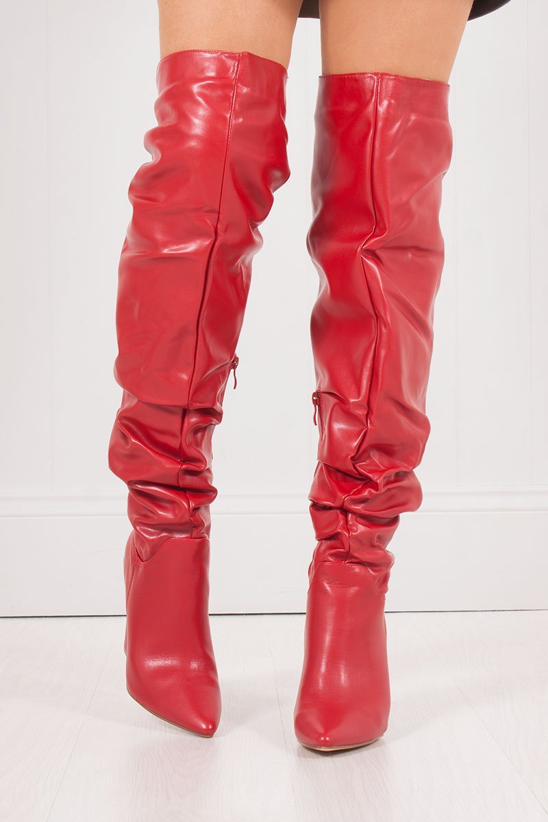Vivienne Red Faux Leather Slouch Over Knee Boots With Block Heel