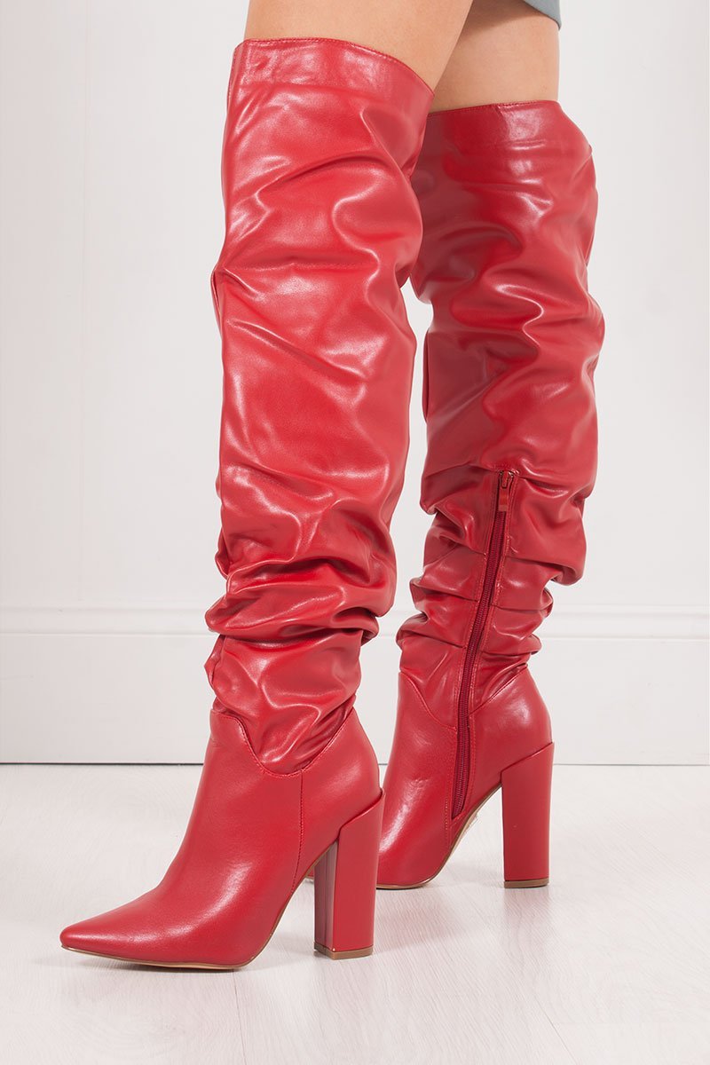 Vivienne Red Faux Leather Slouch Over Knee Boots With Block Heel