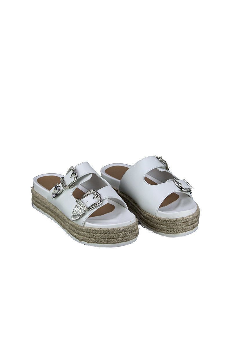 Wanda White Western Buckle Slider Sandals With Silver Detail