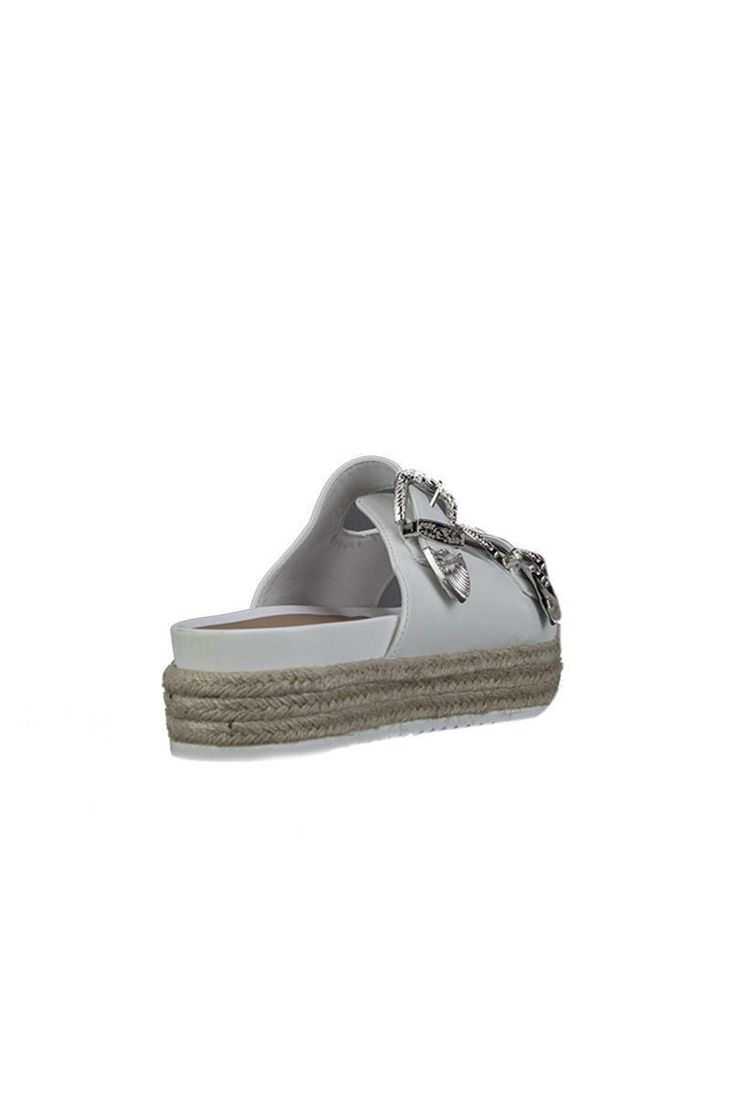 Wanda White Western Buckle Slider Sandals With Silver Detail