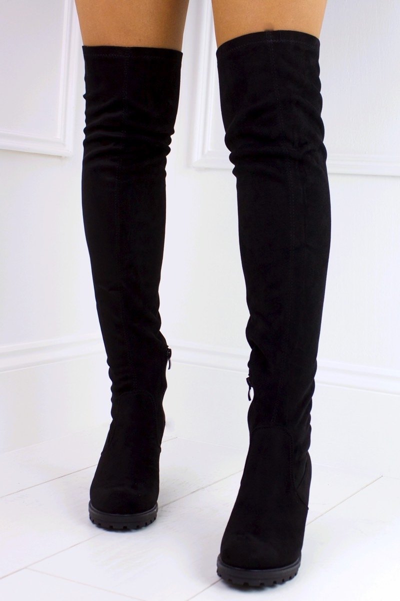 Yasmin Black Faux Suede Over Knee Boot