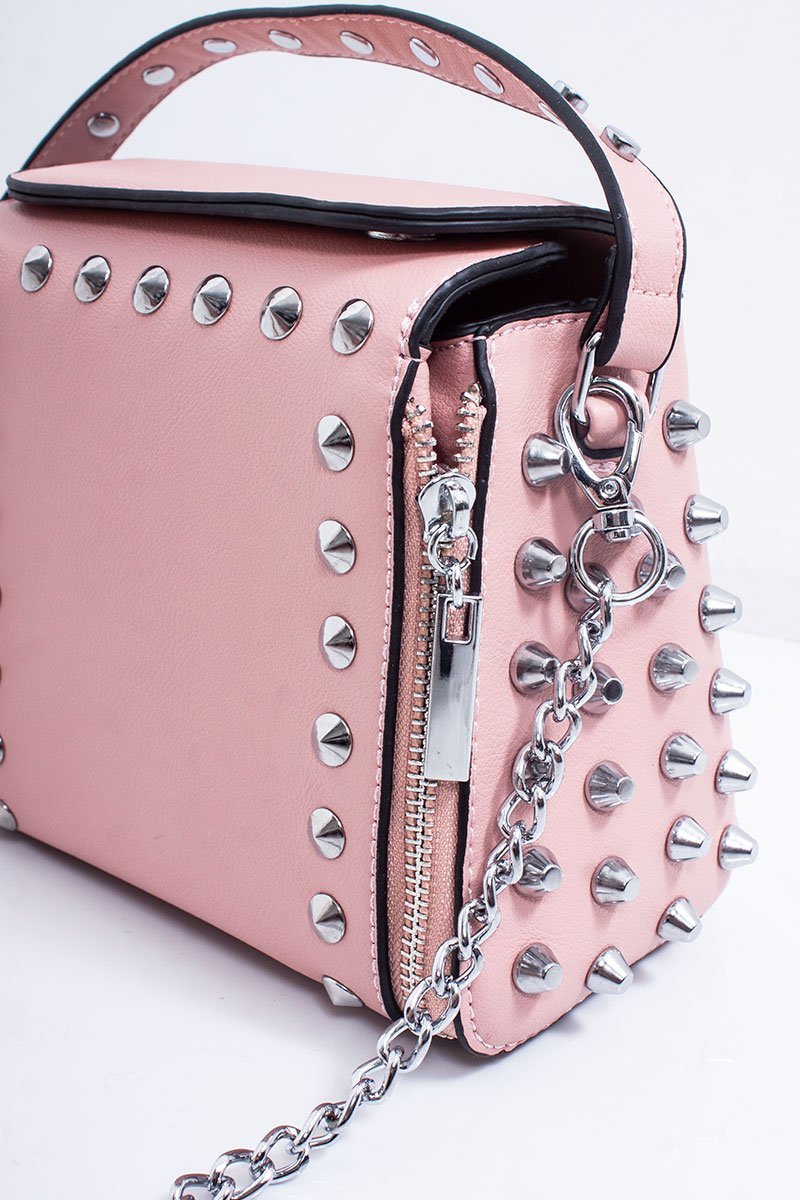 Zara Pink Faux Leather Stud Detail Top Handle Crossbody Bag