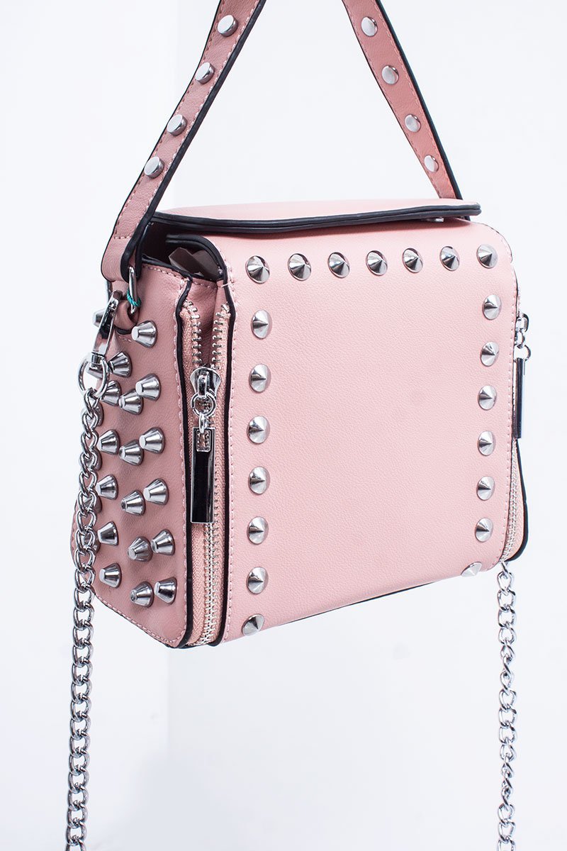 Zara Pink Faux Leather Stud Detail Top Handle Crossbody Bag