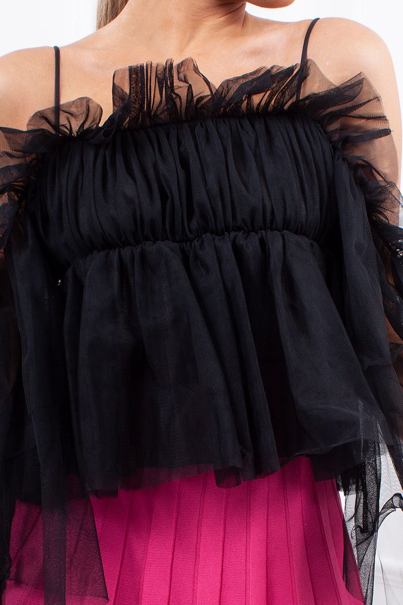 Ella Black Mesh Frill Strappy Top