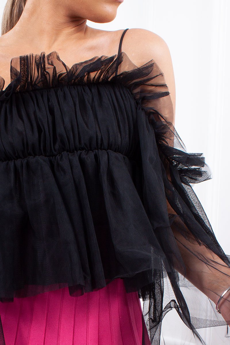 Ella Black Mesh Frill Strappy Top