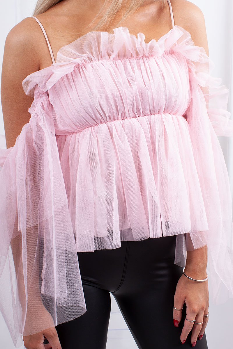 Ella Pink Mesh Frill Strappy Top