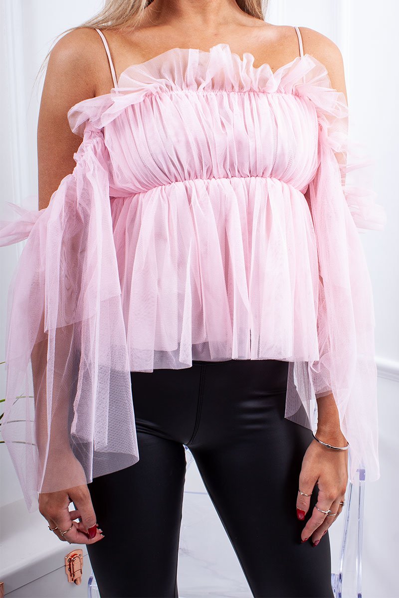 Ella Pink Mesh Frill Strappy Top