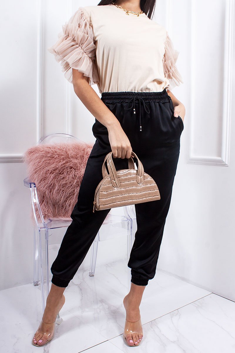 Hope Beige Ruched Mesh Puff Sleeve Top