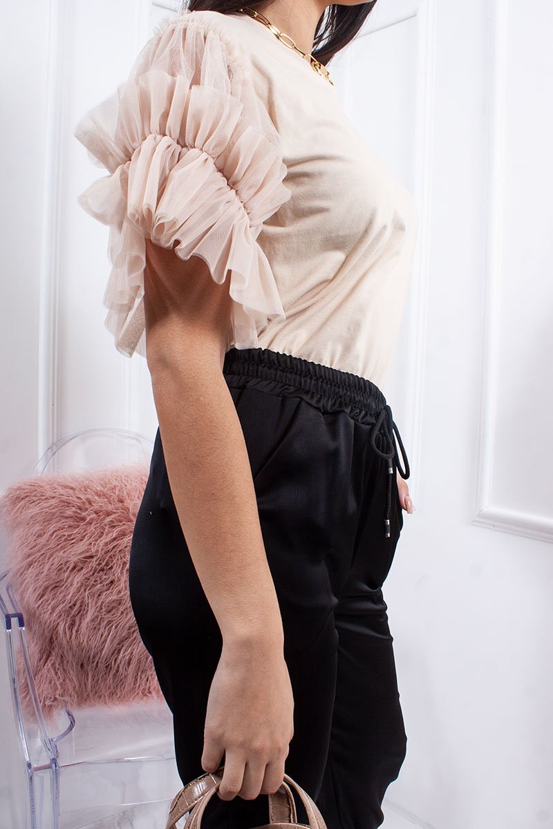 Hope Beige Ruched Mesh Puff Sleeve Top