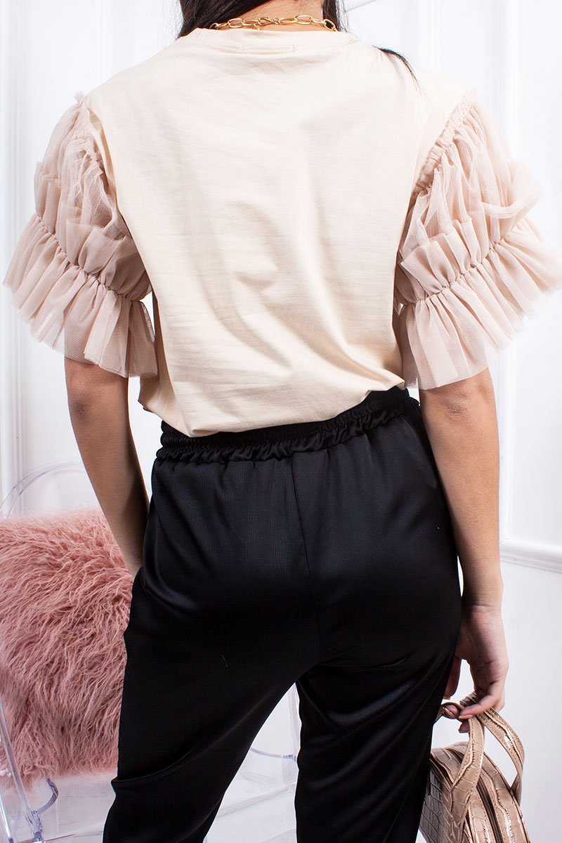 Hope Beige Ruched Mesh Puff Sleeve Top