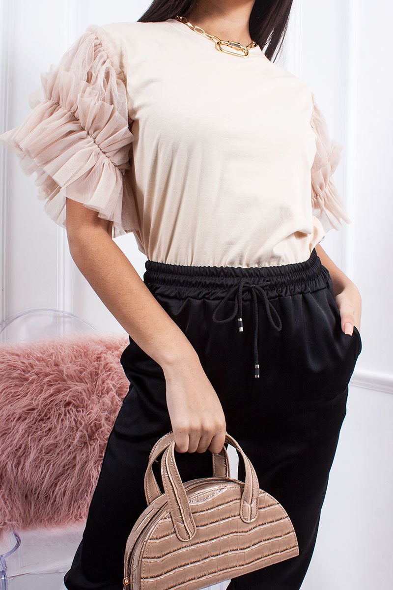 Hope Beige Ruched Mesh Puff Sleeve Top