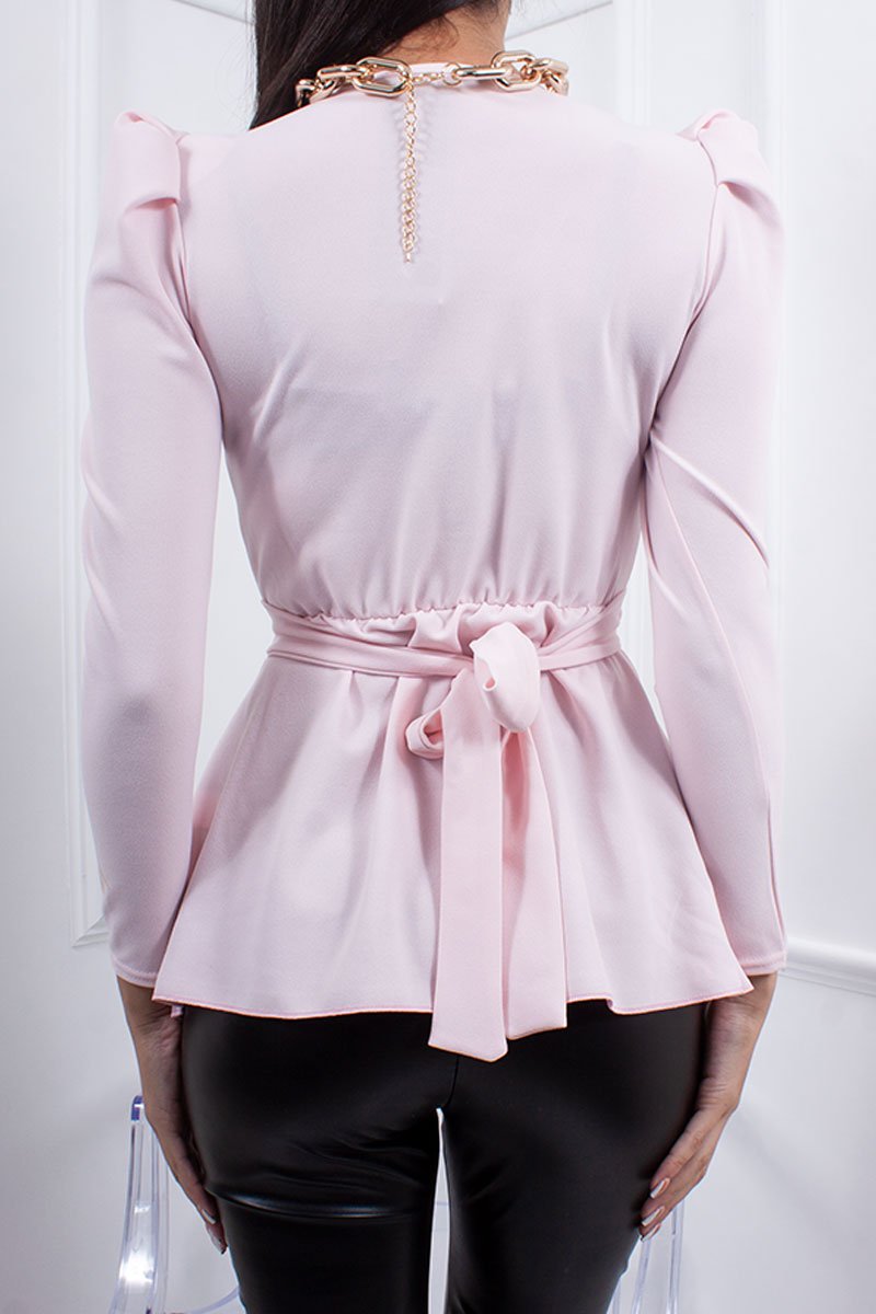 Jolie Pink Ring Detail Belted Tie Back Top