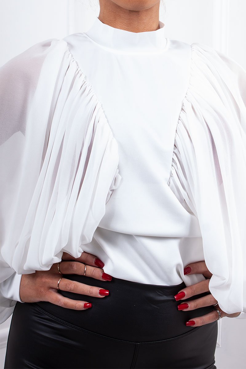 Zoie White High Neck Ruched Batwing Top