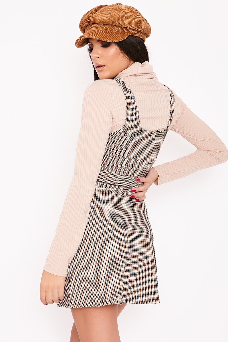 Alexa Beige Checked Square Neck Belted Dress