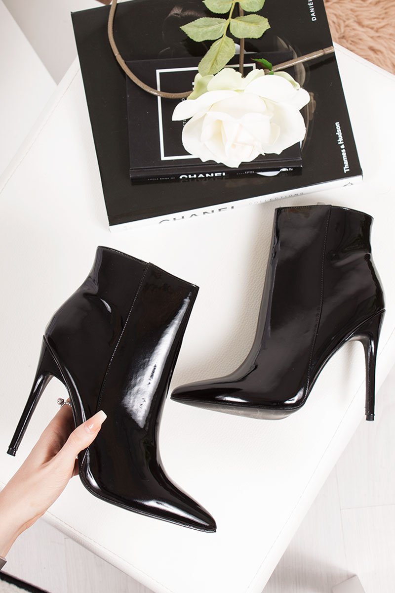 Alexander Black Faux Patent Leather Stiletto Ankle Boots