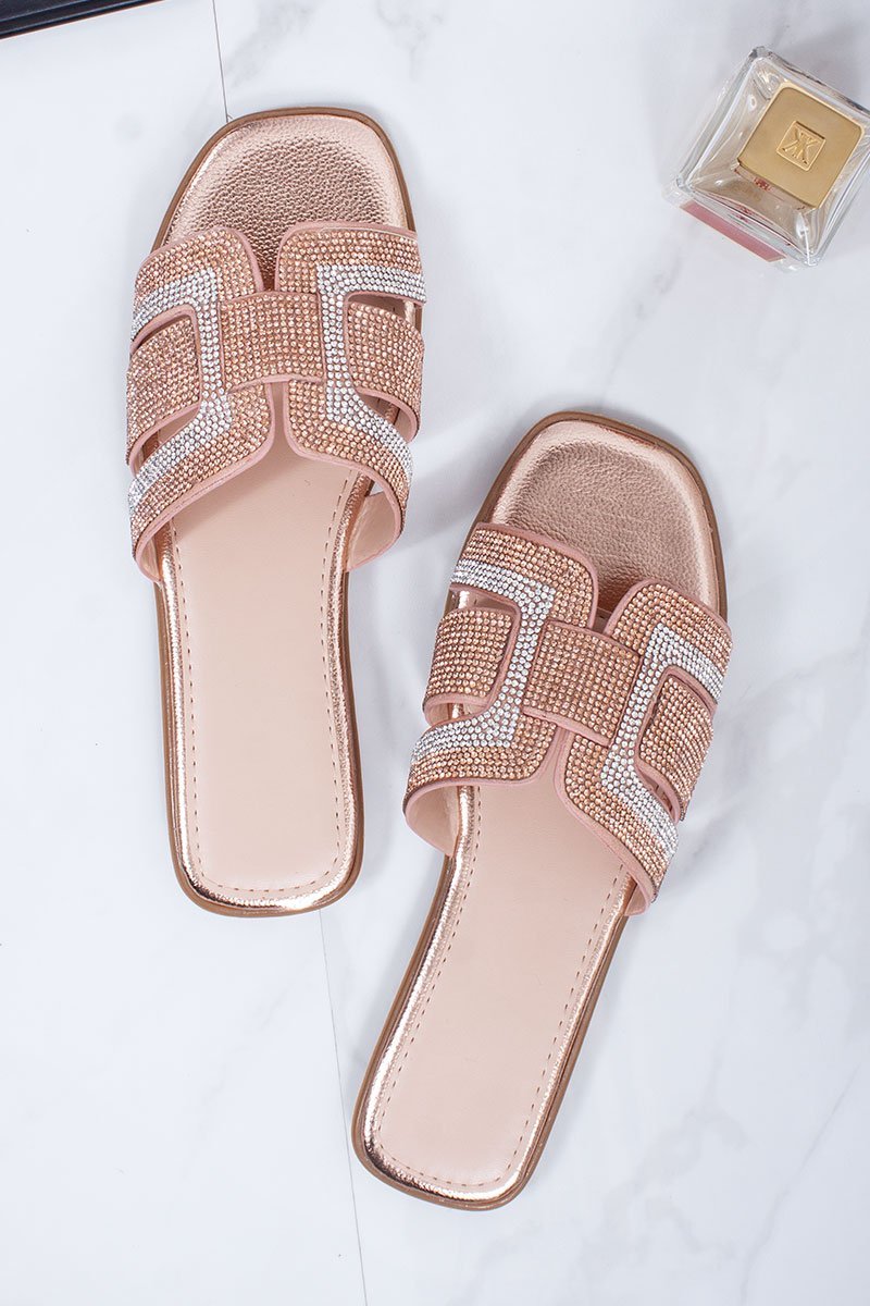 Alice Rose Gold Diamante Detail Strap Mule Sandals