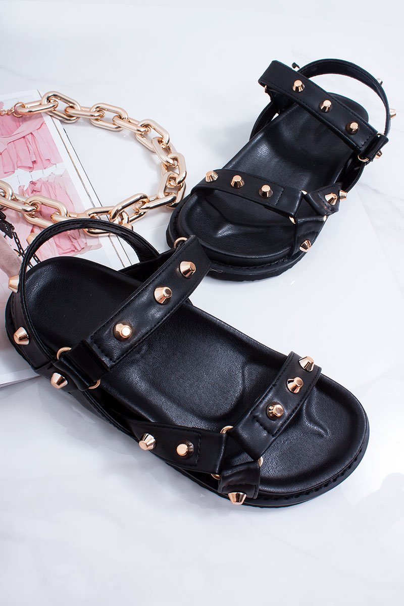 Alisa Black Multi Strap Stud Detail Chunky Sole Sandals