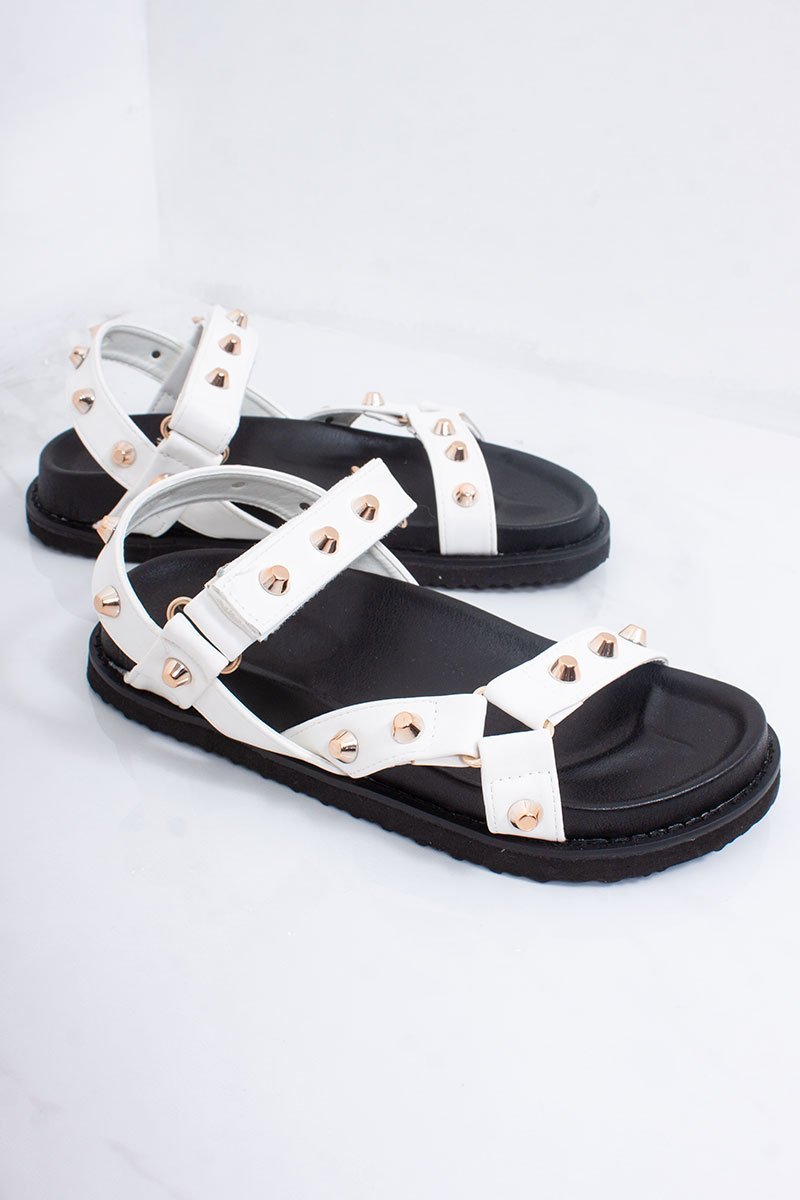 Alisa White Multi Strap Stud Detail Chunky Sole Sandals