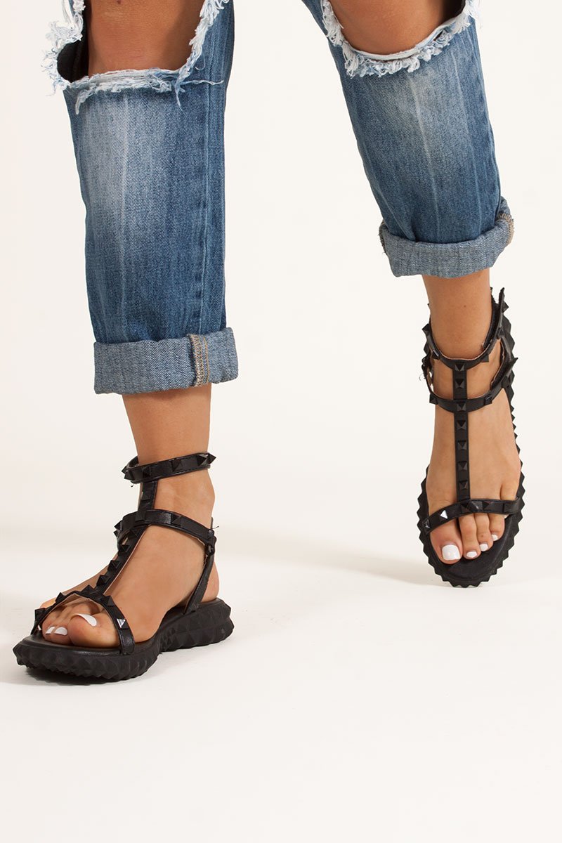 Aliyah Black Studded Strap Sandals