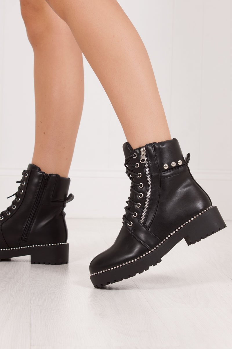 Allie Black Silver Stud Faux Leather Biker Boots