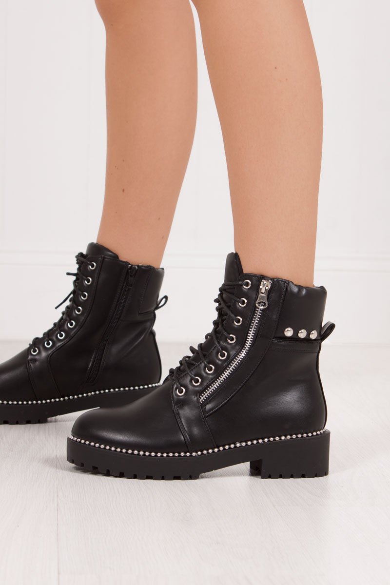 Allie Black Silver Stud Faux Leather Biker Boots