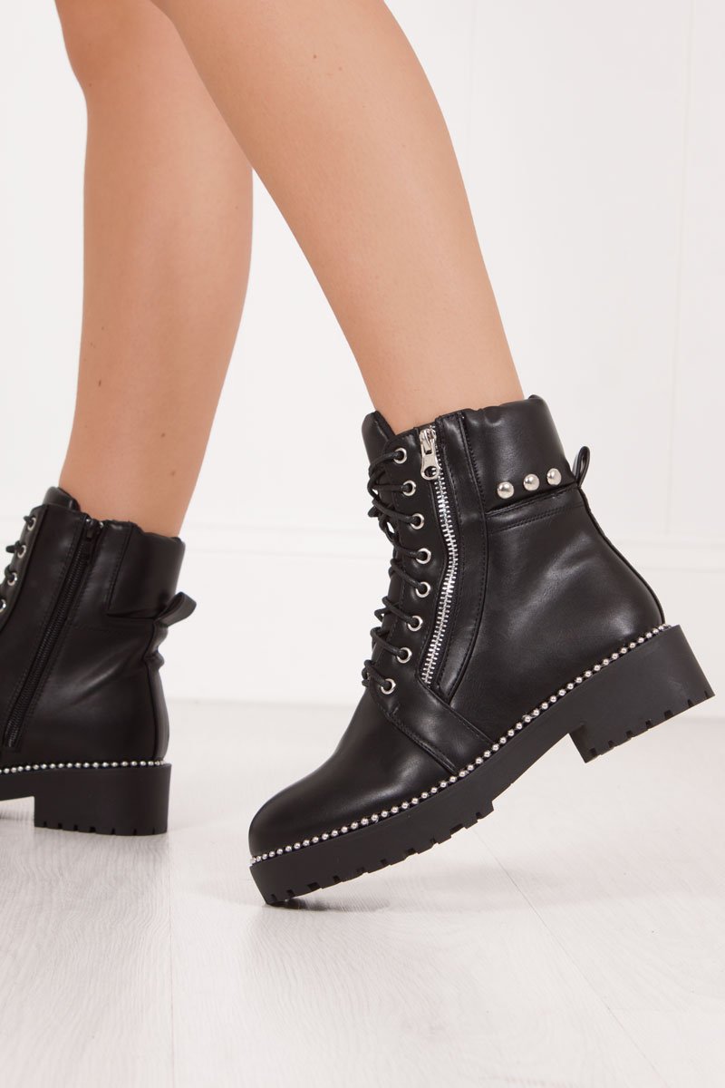 Allie Black Silver Stud Faux Leather Biker Boots