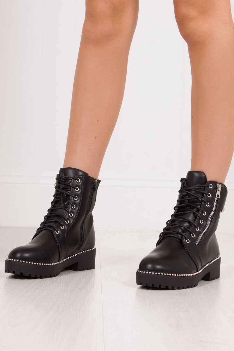 Allie Black Silver Stud Faux Leather Biker Boots