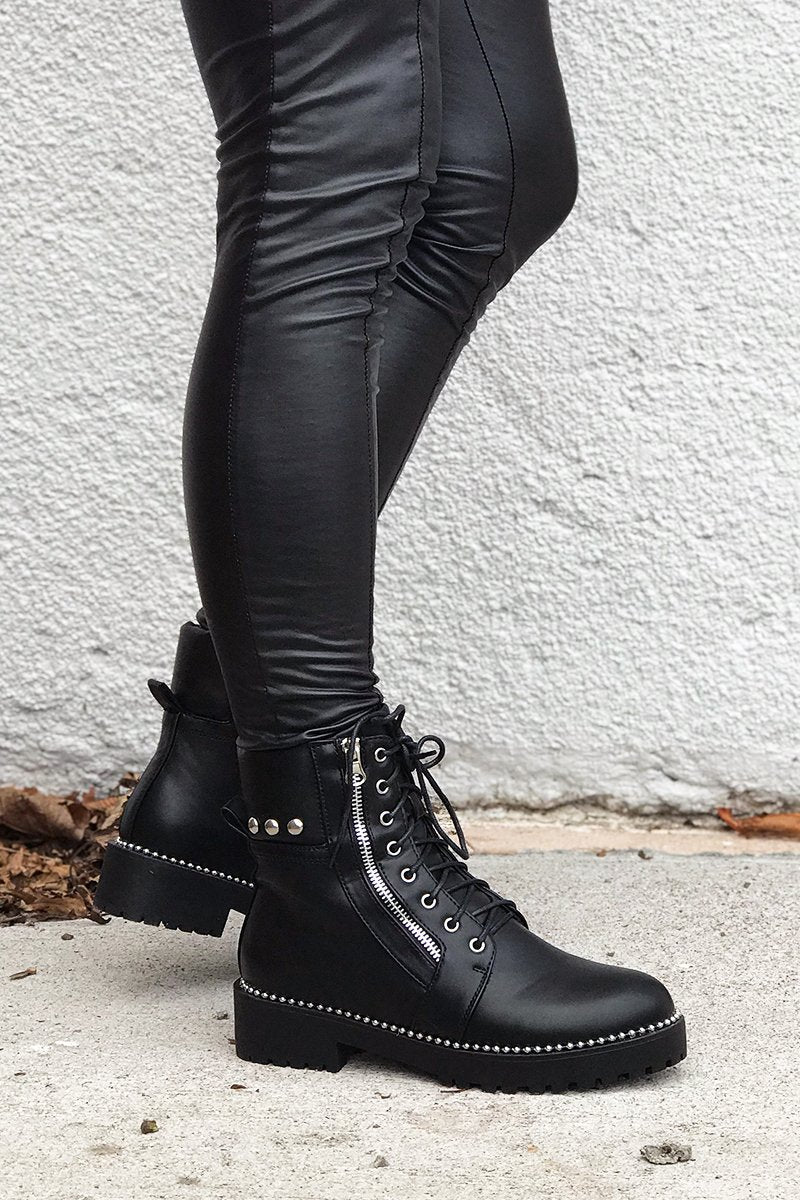 Allie Black Silver Stud Faux Leather Biker Boots