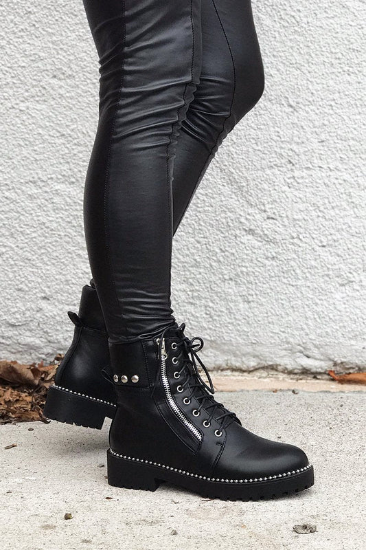 Allie Black Silver Stud Faux Leather Biker Boots