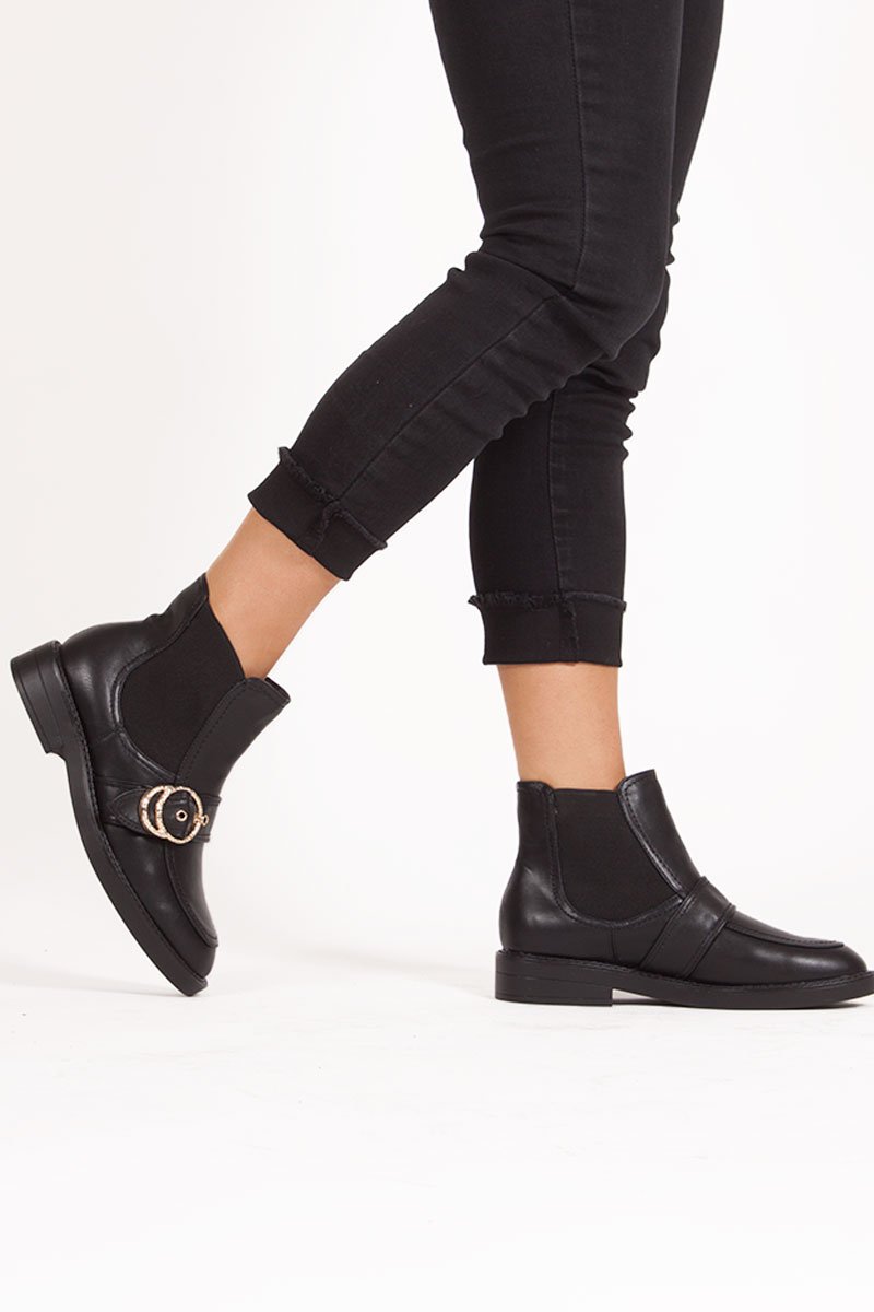 Ally Black Buckle Strap Ankle Boots With Gold Ring