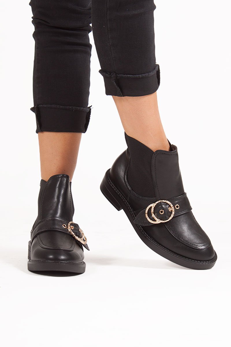 Ally Black Buckle Strap Ankle Boots With Gold Ring