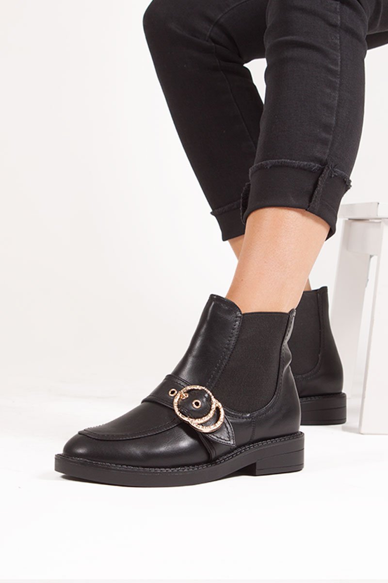 Ally Black Buckle Strap Ankle Boots With Gold Ring