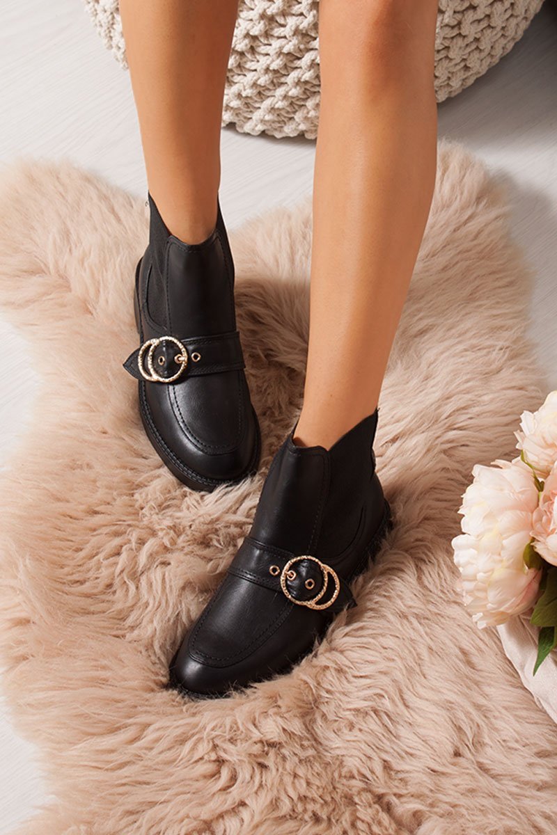 Ally Black Buckle Strap Ankle Boots With Gold Ring