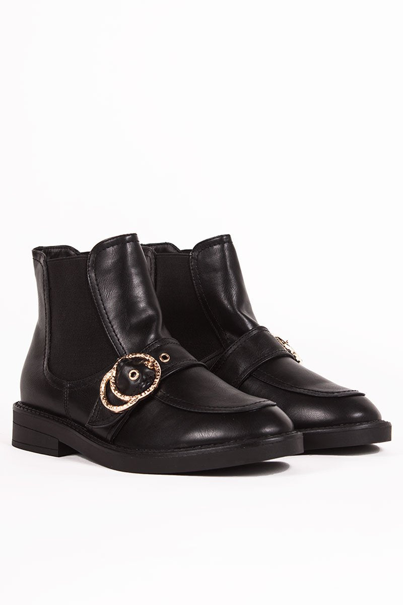 Ally Black Buckle Strap Ankle Boots With Gold Ring