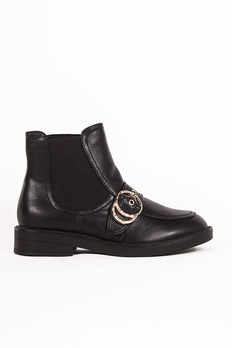 Ally Black Buckle Strap Ankle Boots With Gold Ring