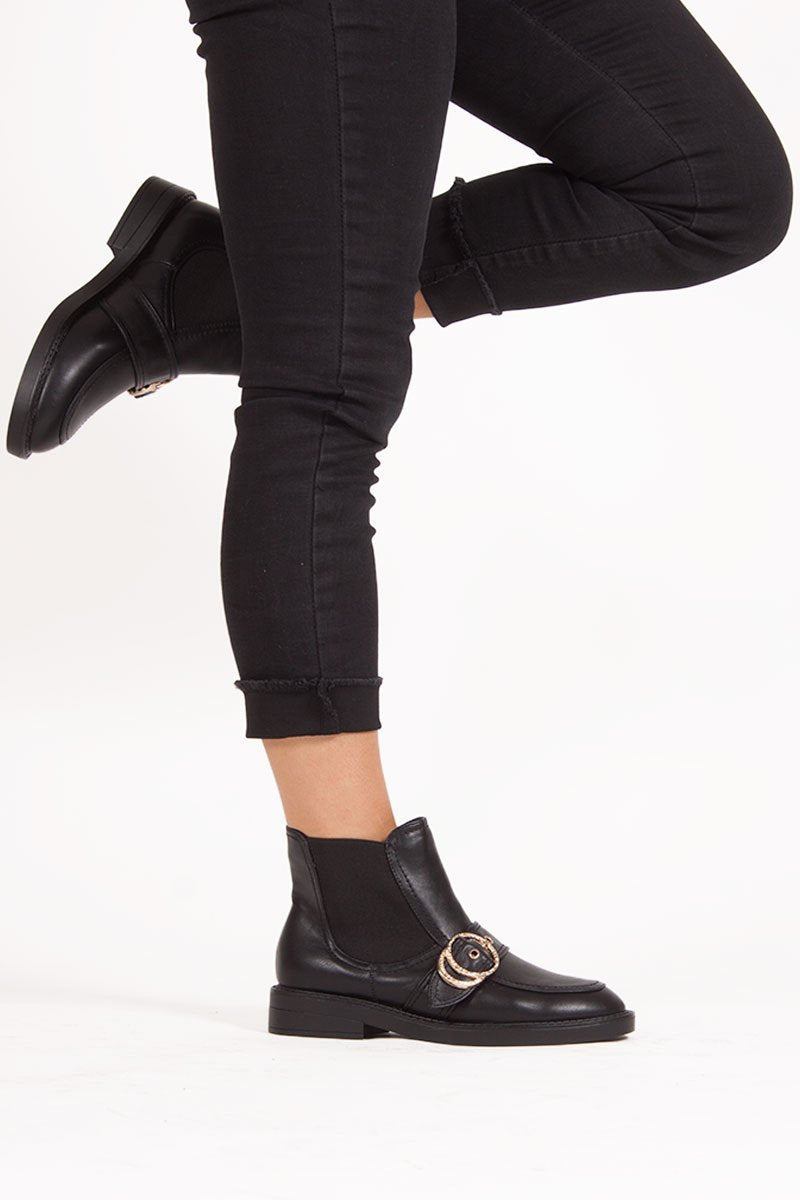 Ally Black Buckle Strap Ankle Boots With Gold Ring